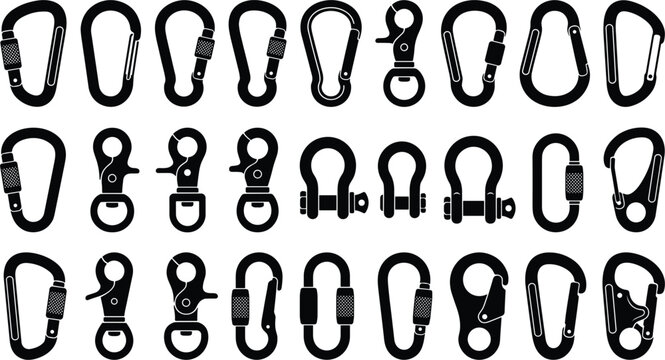Metal carabiner and snap hook silhouette vector set with climbing clips screw gate links and industrial lifting shackles