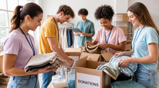 A diverse group of young adults enthusiastically sorts and packs donated clothing items into boxes, showcasing community spirit and acts of generosity during a helpful volunteer effort for those