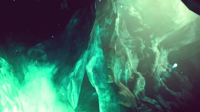 A cave filled with green crystal formations. Light filters through the rocks, creating shadows. It captures the natural beauty of the caves interior.