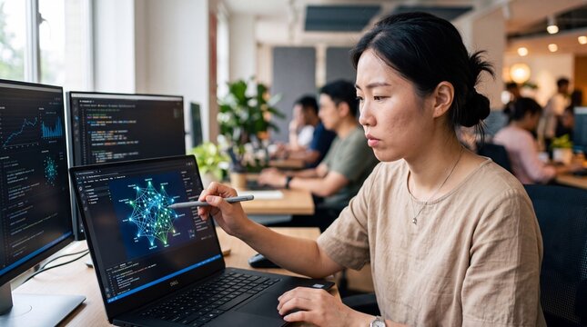 Software developer pointing stylus at complex network graph on laptop display in modern open plan office. Asian woman analyzing data architecture on an interactive learning platform.