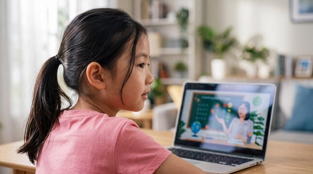 Young asian girl looking at a laptop screen during online lesson in a bright living room. Elementary student using an interactive learning platform for home education and digital study.