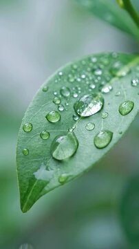 Macro green leaf water droplet after rainfall, natural renewal, ecological resilience, plant sustainability and ESG concept in tranquil nature setting