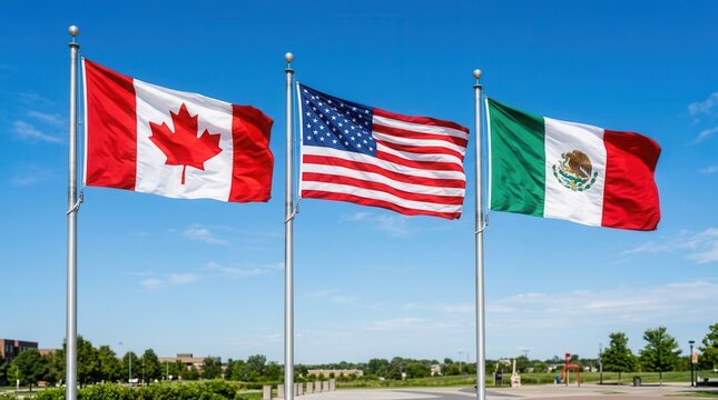 Three national pennants, representing Canada, the United States, and Mexico, proudly wave on tall poles against a bright blue sky, symbolizing international cooperation and North American unity