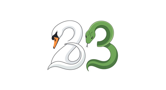Swan and Snake Forming Numbers 2 and 3, White Background