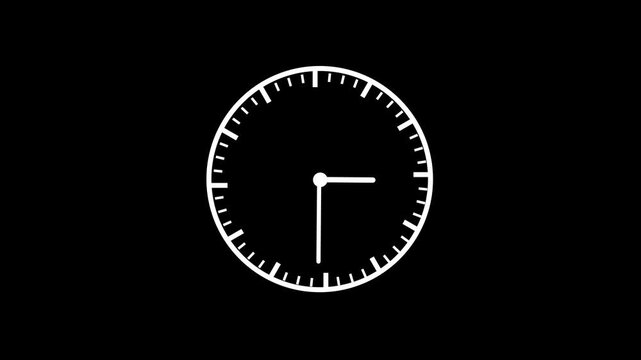 Minimalist analog clock face animation, white hands moving on black background, time passing concept