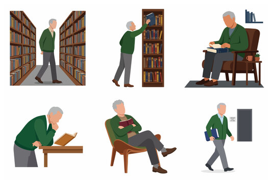Vector illustration set of an elderly man engaging in reading activities, visiting a library, browsing bookshelves, and relaxing with books.
