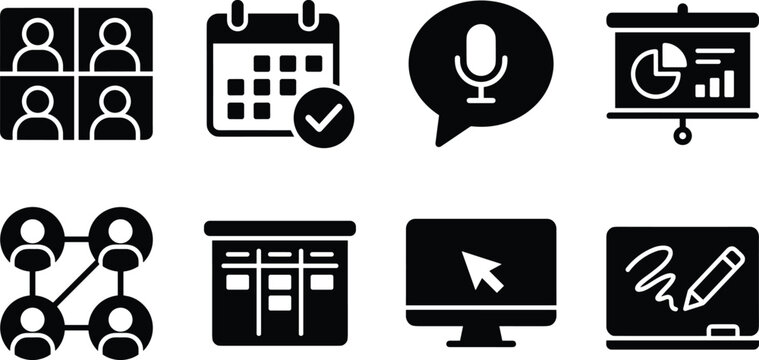 Business and Communication Silhouette Icons Set Showing Collaboration, Scheduling, Presentation, and Digital Workflow Tools in Black Vector Style