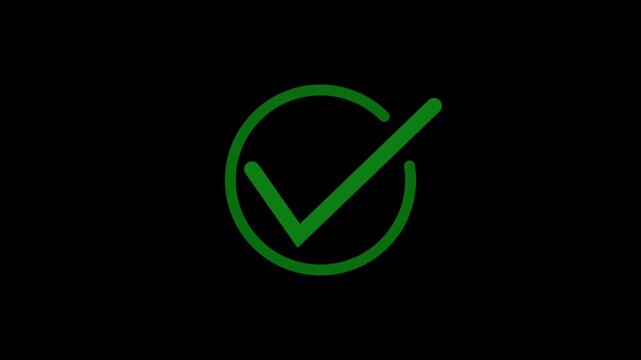 Animated green checkmark in circle, success and approval symbol on black background, tick confirm