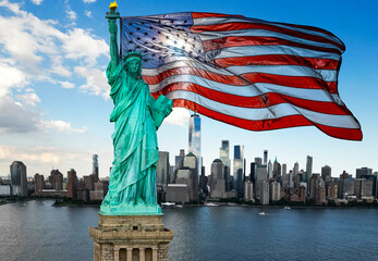 New York City with American flag. New York City patriotic background. Iconic New York City skyline. New York City banner template. © Volodymyr