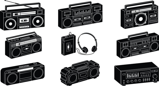 Vintage boombox and cassette player silhouette vector set with retro walkman headphones radio stereos and portable sound blasters