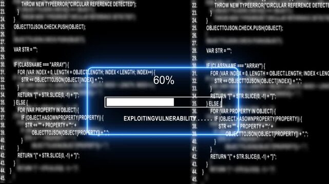 Cyber security attack concept: progress bar loading exploit vulnerability on digital source code background