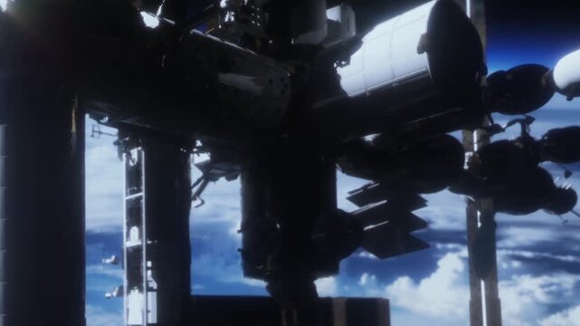 A large structure is seen in low earth orbit with clouds and blue sky in the background. Spacecraft are docked to the space station. This scene shows the vastness of space.