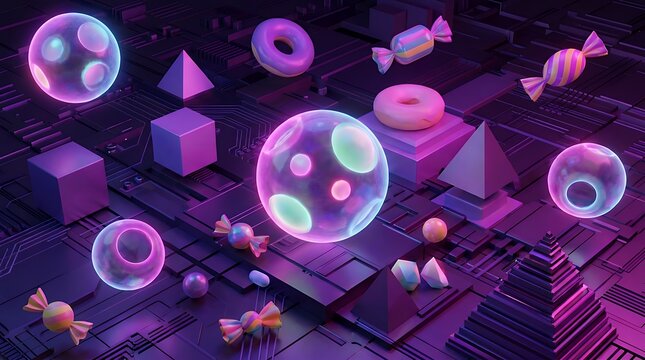 Dimensional digital of glowing sphere toys colorful sweets and basic shapes floating against a dark futuristic backdrop under purple and pink illumination 3d render abstract geometric neon light