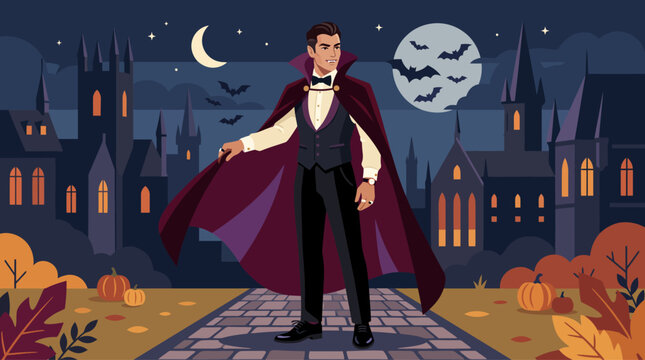 Spooky vampire man in a cape standing before a haunted castle under a full moon for Halloween night