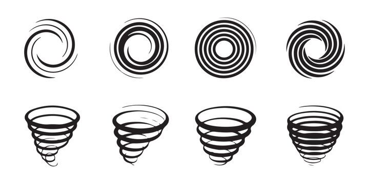 Array of eight abstract spiral tornado icons suggesting rotational force and air movement for science.