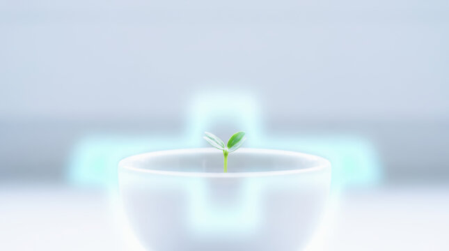 White bowl with green seedling symbolizing healthcare insurance growth and protection in soft minimalist setting