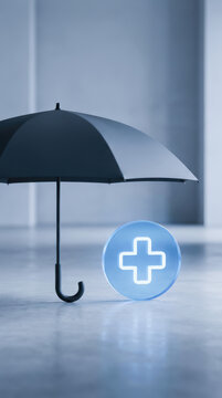 Umbrella healthcare insurance symbol in cool indoor setting offering reliable protection and support for medical coverage needs