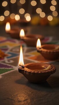 Traditional earthen lamps burn brightly during the annual festival of lights celebration casting warm glow across the floor decorated with colorful patterns while small flames flicker gently in