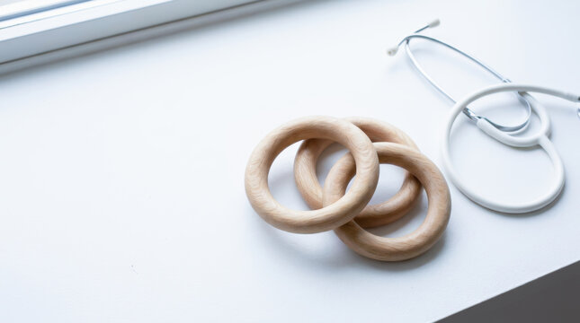 Wooden ring, stethoscope, healthcare insurance concept with medical care and wellness symbolism