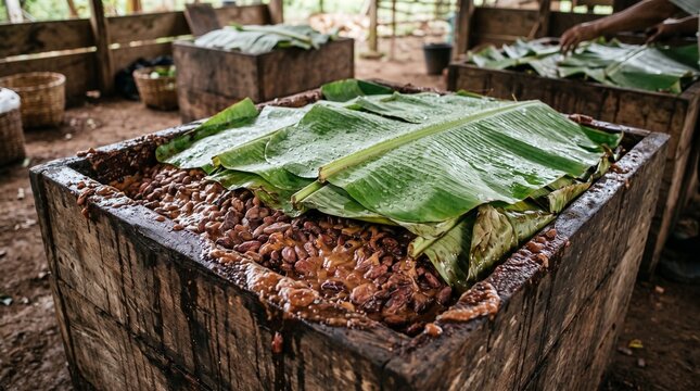 Brazilian ccocoa chocolate production chain. Brazilian Cocoa Beans Fermenting in Wooden Box Covered with Banana Leaves