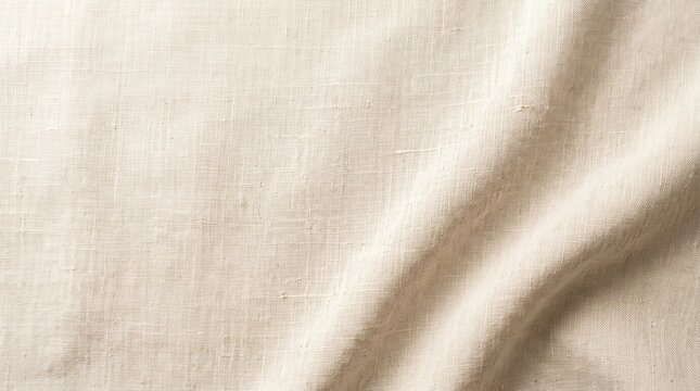 Close-up of beige linen fabric with soft folds, showing the natural woven texture and light tan fibers of the textile surface in a diagonal composition
