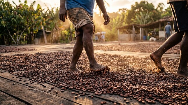 Brazilian ccocoa chocolate production chain. Brazilian farmer sun drying cocoa beans on wooden platform in Bahia agroforestry farm