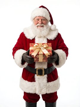 Smiling Santa Claus Holding Wrapped Gift Box
