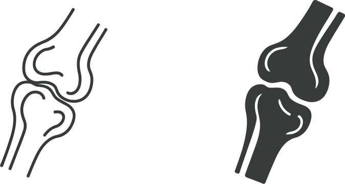 Human knee bone joint icon solid and line design for anatomy, healthcare, orthopedics, medical education, skeletal structure, and vector illustration.
