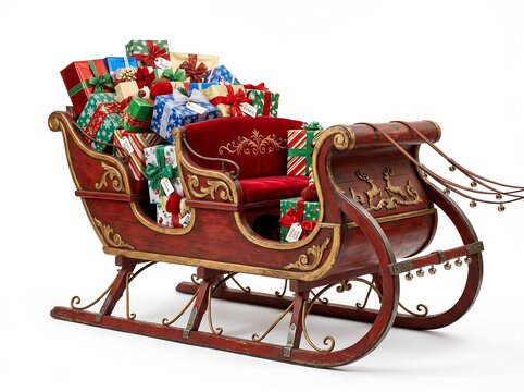 Vintage Wooden Sleigh Filled with Wrapped Presents