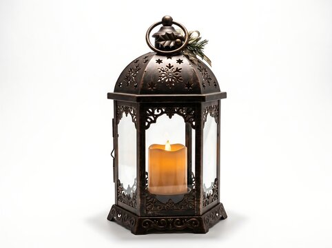 Bronze Metal Lantern with Glowing Candle Inside