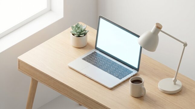 Minimalist workspace featuring a laptop, small potted plant, mug, and desk lamp arranged on a light wooden table.