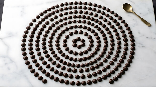 Brazilian ccocoa chocolate production chain. Brazilian Cocoa Nibs Arranged in a Spiral Pattern with a Golden Spoon