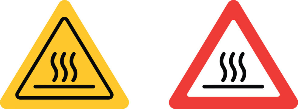 Caution hot surface sign concept, thin line and solid icons for safety warnings, hazard alerts, heat protection, industrial signs, and vector design.
