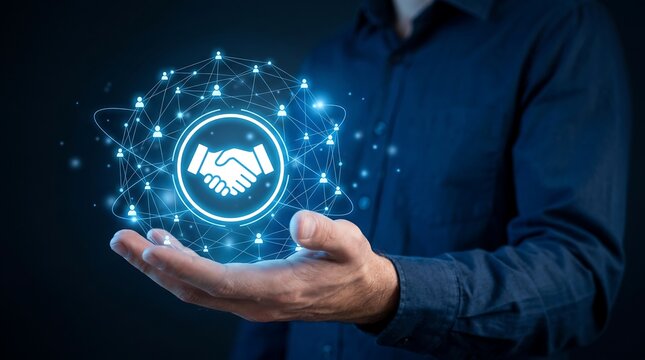 Businessman holding glowing digital handshake icon with interconnected global network nodes representing corporate partnership and modern business communication technology in virtual space