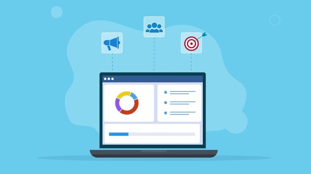 Modern flat vector animation showing a laptop with an analytics dashboard and floating marketing icons, representing digital marketing, data analysis, audience targeting, campaign performance, and bus
