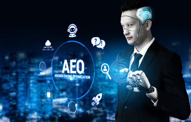 Naklejka premium Professional Person Engaging with Futuristic Technology Interface for Answer Engine Optimization in Urban Environment at Night Fluxor.