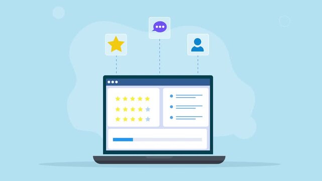 Modern flat vector animation showing a laptop with a task planning interface and floating star, message, and user icons, representing productivity, collaboration, scheduling, and digital workflow.