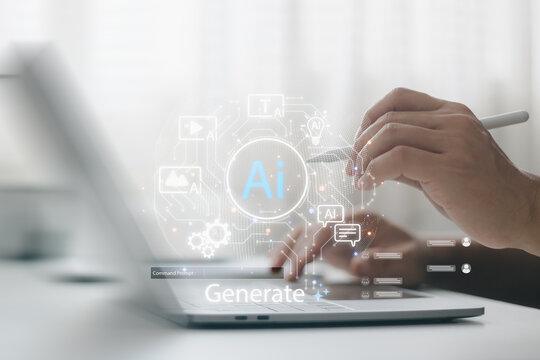 Prompt Engineering and AI Content Generation Concept. Person using laptop with prompt, AI, media, chatbot and automation icons representing content creation, smart generation, and digital workflow.