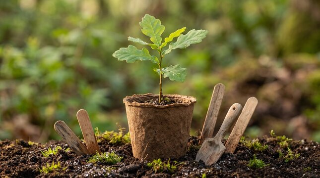 Young oak tree seedling, sustainable gardening, biodegradable pot, woodland planting, environmental growth
