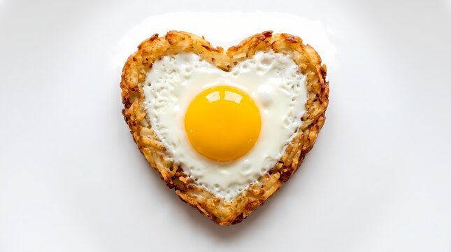 Heart Shaped Fried Egg Nestled Inside A Crispy Golden Potato Hash Brown Breakfast On A Clean White Plate For A Romantic Morning Meal Concept