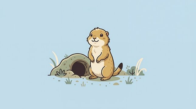 Adorable Groundhog Standing Outside Its Burrow Hole, Cute Prairie Dog Cartoon Illustration for Kids Graphics
