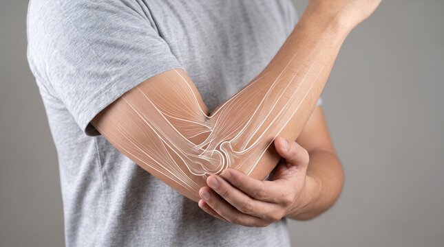 A person experiencing elbow pain with a skeletal overlay, illustrating anatomical discomfort.
