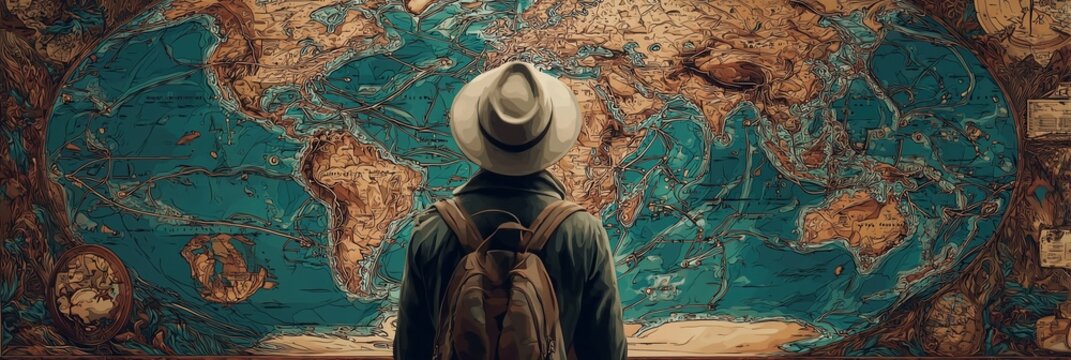 Backpacker Studying a Large Antique World Map