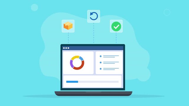 Modern flat vector animation showing a laptop with an analytics dashboard, circular data chart, refresh icon, and success indicator, representing data analysis, reporting, performance, and digital wor