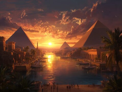 Ancient Egyptian Pyramids and Riverside City at Sunset