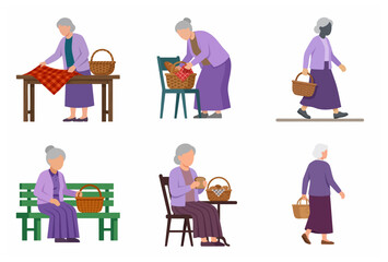 Fototapeta premium Elderly woman character set performing daily activities with wicker basket in flat vector illustration style