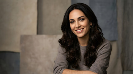 Fototapeta premium Bright Smiling Woman with Long Dark Hair and Casual Grey Sweater