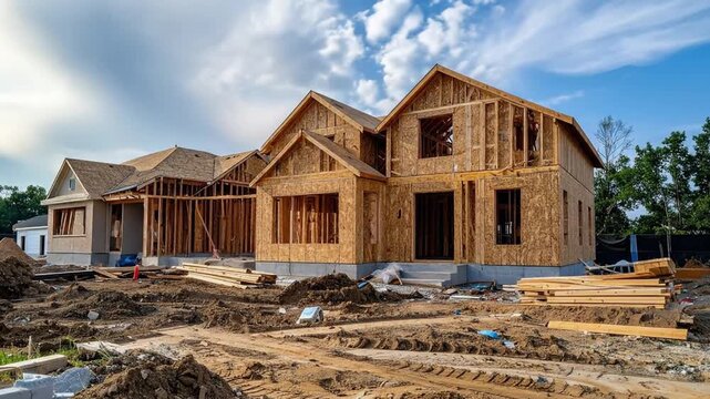 New residential house under construction with wood framing and plywood sheathing on a sunny day