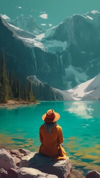 Person in orange coat sitting beside a turquoise alpine lake beneath snowy mountains