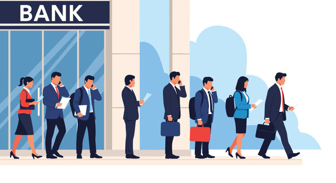 Group of diverse professional business people standing in a long line outside a modern bank building waiting for service during business hours.